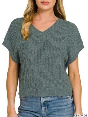Zenana Ash Jade Cropped V-Neck Sweater
